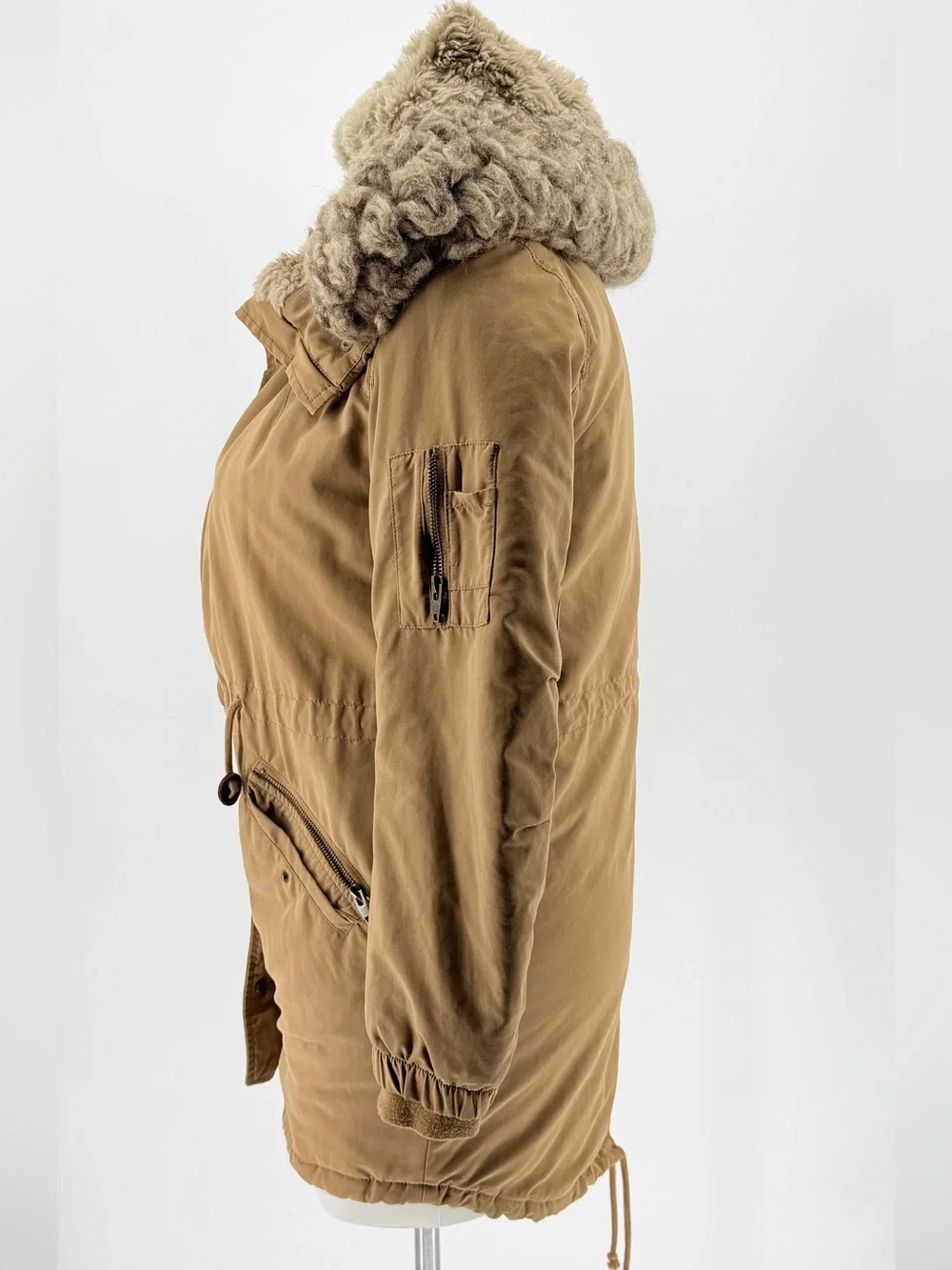 Tan Parka Coat Faux Fur-Lined Hood Winter interior quilted cozy bulky mid-length